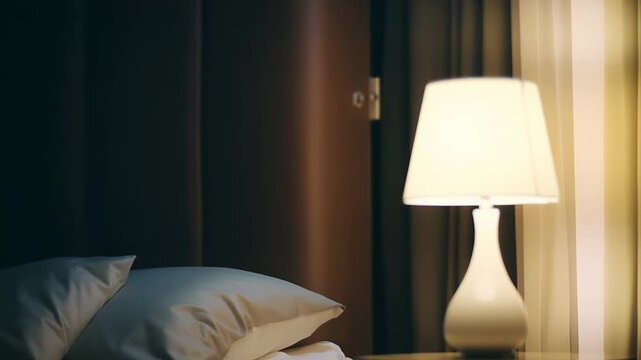 Table lamp emitting a warm, soft glow, creating a comfortable and relaxing atmosphere next to a bed with pillows, perfect for unwinding in a bedroom or hotel room