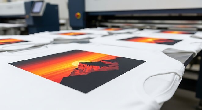 Direct to Garment Printing of Desert Sunset Design on White T-Shirts in Production.