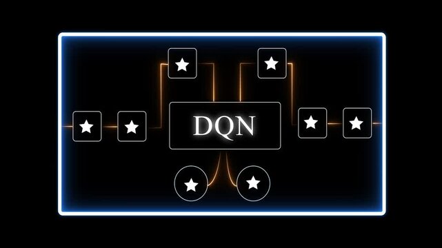 D Q N algorithm neural network diagram with glowing neon connections and stars on black background for tech and A I related projects