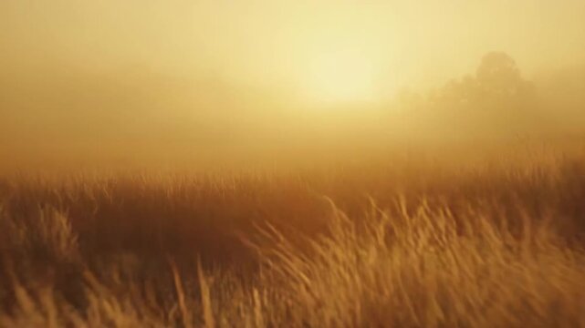 Dense golden fog creating a serene, mysterious atmosphere over a field of tall grass during sunrise, with distant silhouettes barely visible through the hazy conditions
