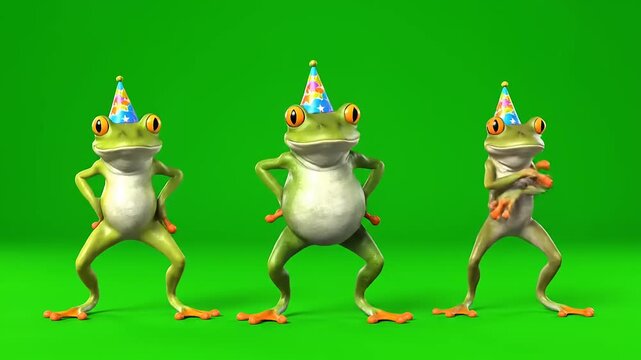 Three dancing frogs wearing party hats on a green background.