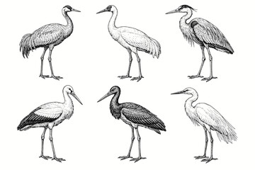 Fototapeta premium Hand-drawn illustrations of diverse heron species in detailed black and white
