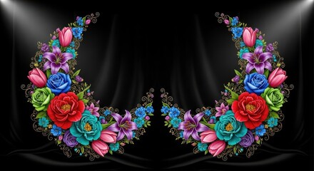 Symmetrical arrangements of vibrant blossoms form crescent shapes against a dark, draped background.