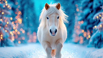 Obraz premium White horse running in a snowy forest with festive lights glowing