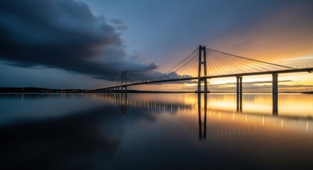 Obraz premium Imposing suspension bridge spans still water reflecting dramatic twilight sky colors