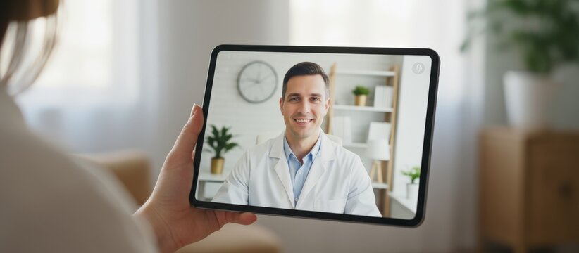 Person having an online video call with a smiling doctor on a digital tablet, illustrating convenient virtual medical consultation and remote healthcare