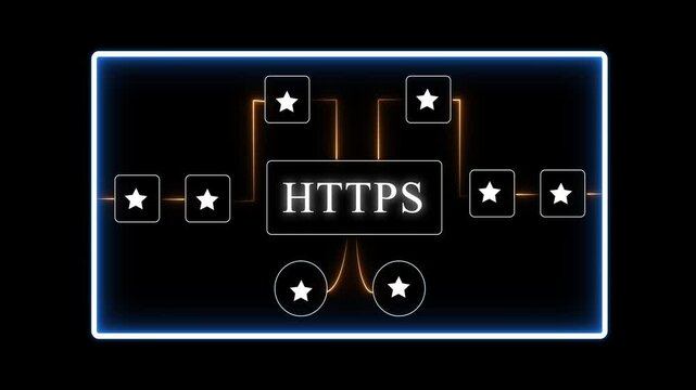 H T P S encryption concept with glowing neon lines and stars on black background https security