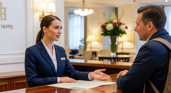 A professional hotel receptionist assists a male guest at the elegant front desk, providing information and service in the well-appointed lobby.