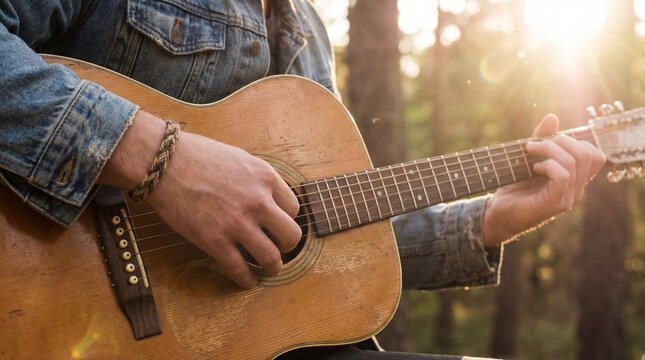 Close up of a person playing an acoustic guitar outdoors with sunlight in the background.