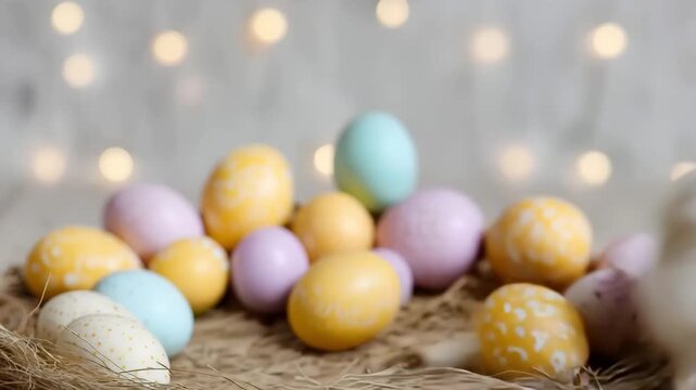 White easter bunny rabbit sitting in a straw nest surrounded by pastel eggs with bokeh lights