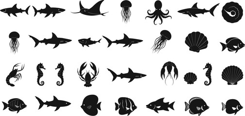 Fototapeta premium Marine Animals Silhouette Vector Collection Featuring Fish, Sharks, Jellyfish, Octopus, Shells, and Sea Creatures for Ocean Wildlife Design and Nautical Graphics