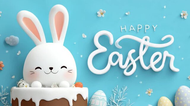 Cute bunny sitting on a cake with decorated eggs and happy easter text on blue background