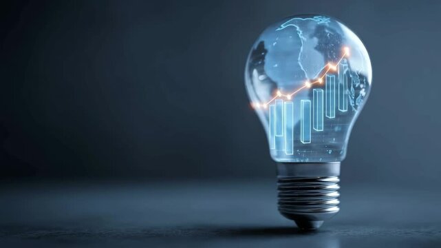 Light bulb showing a rising holographic bar chart and line graph, symbolizing business innovation, copy space