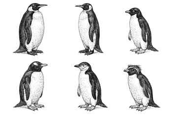 Obraz premium Detailed black and white illustrations of six penguin species in unique poses