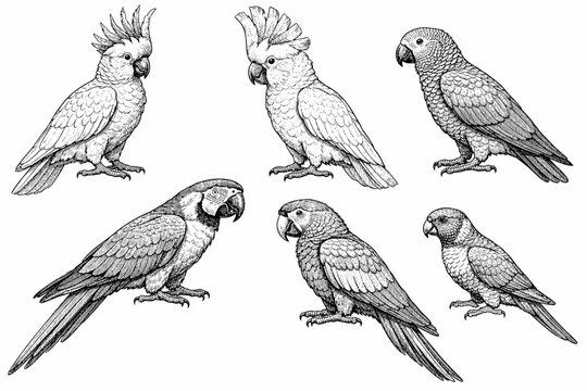 Detailed drawing of six diverse parrot species in black and white