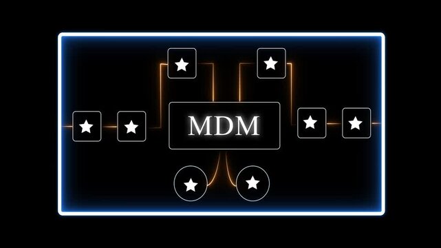 M D M Master Data Management System Concept with Glowing Neon and Star on Black Background for Business Technology and Data Integration Visuals