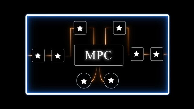 Modern M P C Network Diagram with Glowing Neon and Star Symbols on Black Background for Business and Technology Presentations