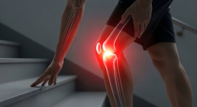 Person with knee pain struggles to climb stairs. Suitable for medical, healthcare, pain management, and physical therapy concepts.
