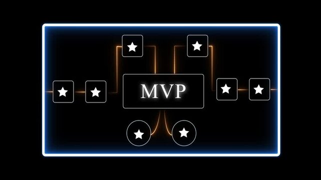 M V P most valuable player neon sign with stars and glowing lines on black background