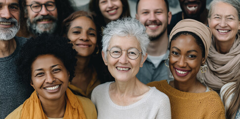 Obraz premium A diverse group of people smiling and looking at the camera, symbolizing community connection and diversity.