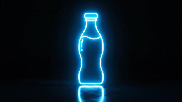 Neon outline of a bottle illuminated in blue against a dark, reflective surface