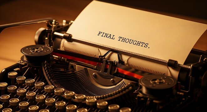 A vintage typewriter with a crisp sheet of paper prominently displaying the phrase "FINAL THOUGHTS." in bold letters, suggesting conclusion and reflection in a classic writing setting