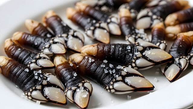 Plate of freshly cooked percebes, a delicacy seafood from the sea, sprinkled with coarse sea salt, presented appetizingly on a white plate.