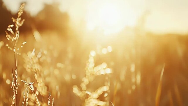 Warm sunlight backlighting wild field grass and creating a beautiful bokeh effect, capturing the peaceful essence of summer, growth, and nature's tranquil beauty