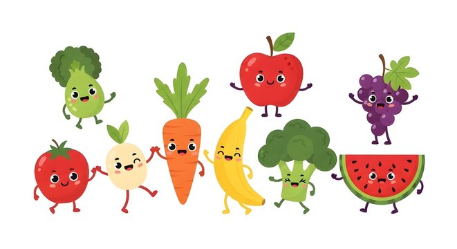 Fruit and Vegetables Characters Smiling and Holding Hands Vector.
