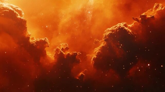 A celestial scene of fiery clouds and scattered stars in a deep orange and reddish palette