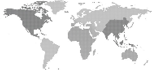 World map in black and white halftone dot pattern style, global geography concept