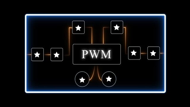 Pulse Width Modulation P W M Technology Concept with Glowing Neon and Star Symbols on Black Background for Electronics Industrial and Educational Media
