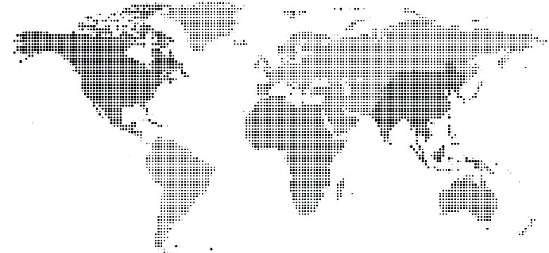 World map in black and white halftone dot pattern style, global geography concept