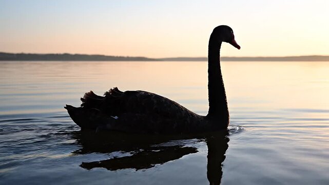 Elegant black swan gracefully gliding on a serene lake at sunrise, tranquil nature scene