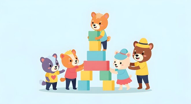 Group of Cute Animals Working Together Building Colorful Wooden Blocks at School.