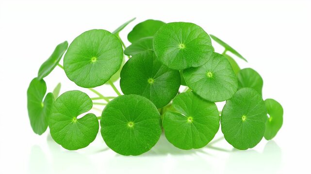 Bright Green Asiatic Pennywort Herb With Round Leaves on White Backdrop Medicinal Benefits and Culinary Use in Asian