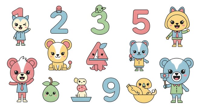 Educational Poster of Cute Cartoon Animals and Numbers for Kids