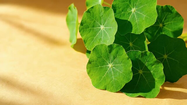 Bright Green Asiatic Pennywort Leaves on a Textured Tan Background with Soft Shadow Pattern in Horizontal Composition