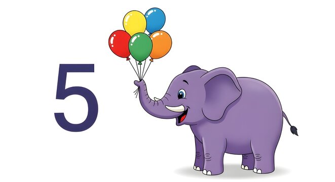 Happy Purple Elephant Holding Five Colorful Balloons with Trunk