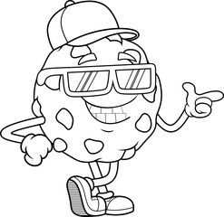 Fototapeta premium Smiling Cookie Cartoon Character With Cap and Sunglasses Pointing – Black and White Vector Hand Drawn Illustration Isolated On Transparent Background