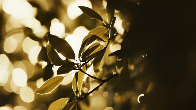 Golden leaves of a plant glowing in warm sunlight, creating a beautiful natural bokeh background with abstract circular light reflections and a dreamy atmosphere
