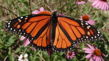 Obraz premium Vibrant Orange Monarch Butterfly Resting on Pink Flowers in a Garden