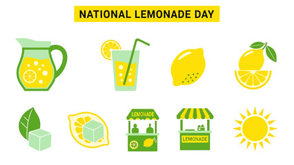 A graphic illustration for National Lemonade Day featuring pitchers glasses lemons stands and a sun © Agung