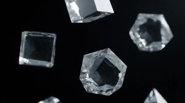 Floating, transparent, faceted, crystalline shapes against a black backdrop, appearing like polished gemstones