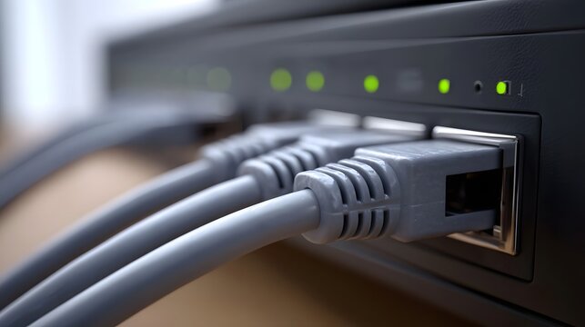Close up of network cables plugged into ports on a router with active indicator lights