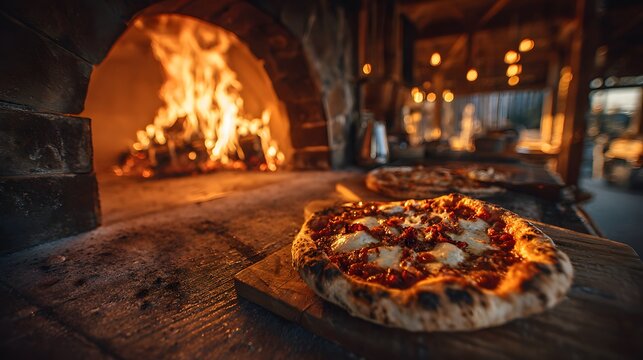 Rustic wood-fired pizza oven interior shows raging orange flames as a delicious pizza with bubbling cheese is slid inside on a wooden pizza peel.