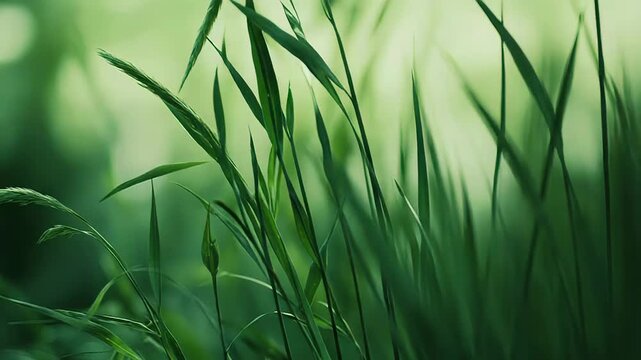 Lush green grass blades and seed heads fill the foreground, growing naturally with soft, glowing bokeh in the background, creating a serene and organic nature scene