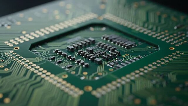 Close-up of a green circuit board with integrated circuits and electronic components