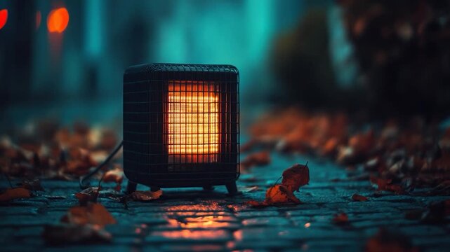 A lit electric heater glows in the dark, on a brick path covered with autumn leaves