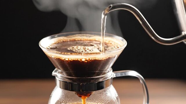 A stream of hot water pours into a coffee dripper with grounds, brewing a fresh cup